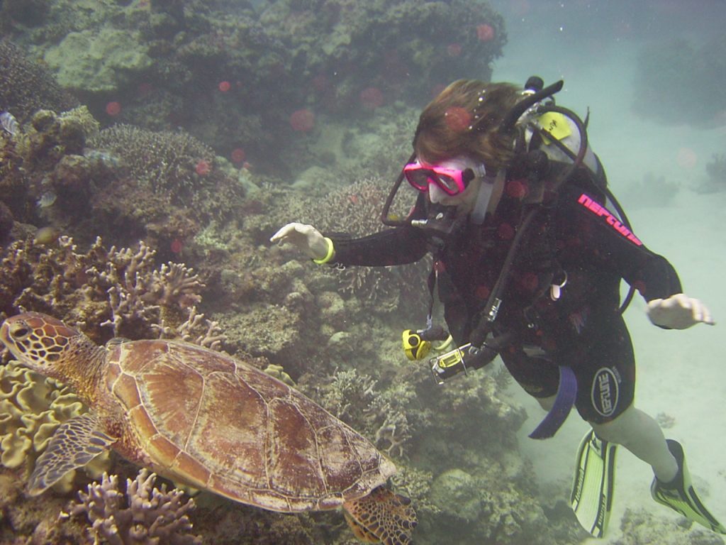 My wife with a turtle.  2004 Barrier Reef